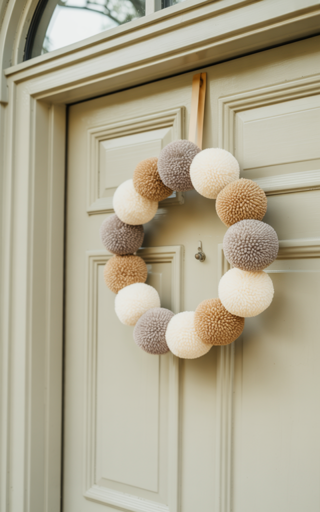An elegant and natural-looking realistic photograph of a light colored front door featuring a wreath made of soft wool pom poms in neutral tones adding playful texture decorated in cozy Scandinavian style with natural lighting