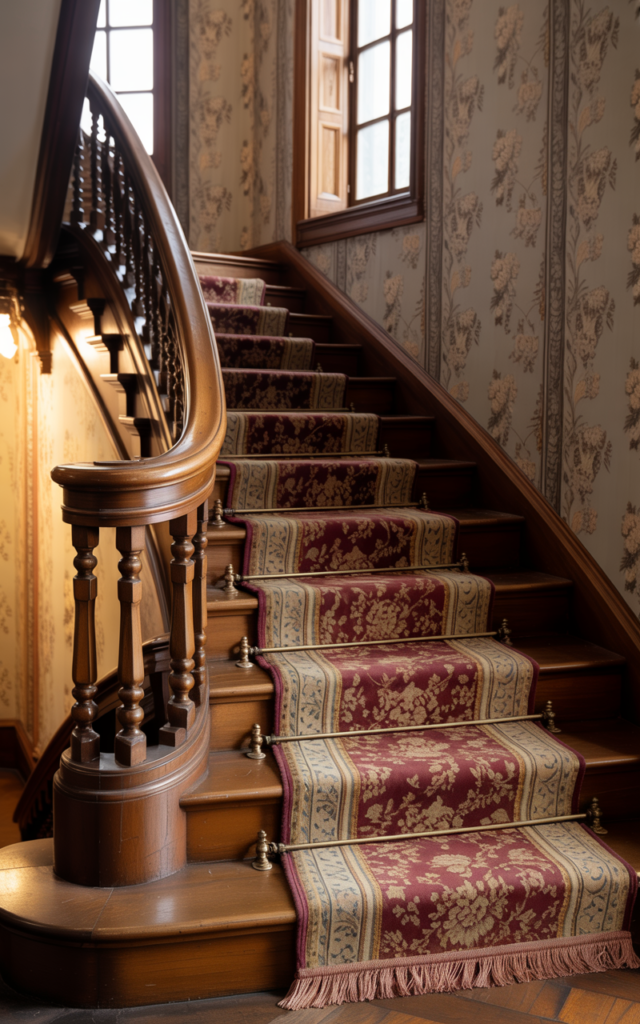 An elegant and natural-looking realistic photograph of a staircase featuring a runner with tassel fringe edges paired with brass stair rods and dark wooden treads decorated in romantic Victorian style with natural lighting