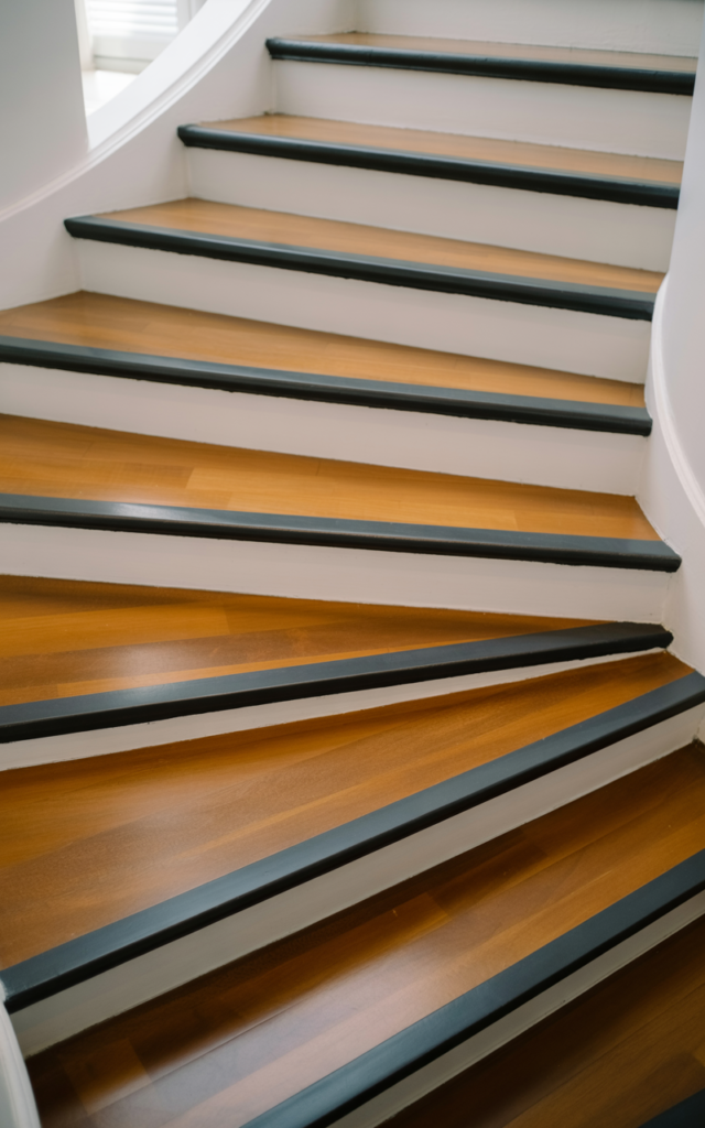 An elegant and natural-looking realistic photograph of a staircase featuring subtle painted borders along each tread edge in muted black framing warm wood steps against white risers decorated in understated modern style with natural lighting