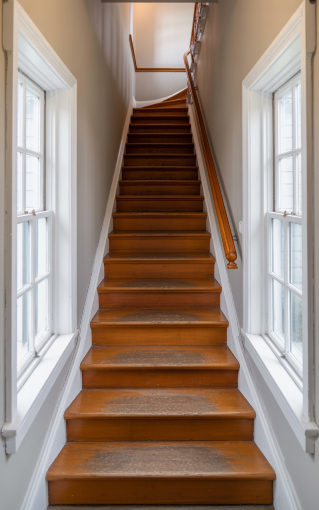 An elegant and natural-looking realistic photograph of a staircase framed by symmetrical twin windows on either side of the wall, aligned perfectly with white trim and classic wooden steps decorated in traditional classic style with natural lighting