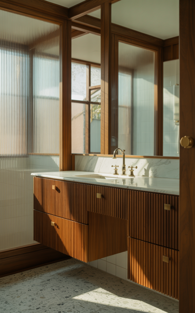 An elegant and natural-looking realistic photograph of a bathroom featuring fluted or ribbed textures on vanity or glass panels catching light subtly decorated in mid-century modern style with natural lighting