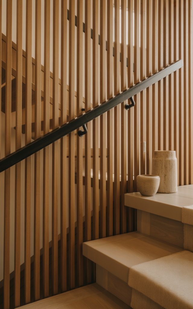 An elegant and natural-looking realistic photograph of a staircase wall lined with vertical wooden slats with a sleek horizontal handrail passing through them creating layered depth beside modern stairs decorated in Japandi home decor style with natural lighting
