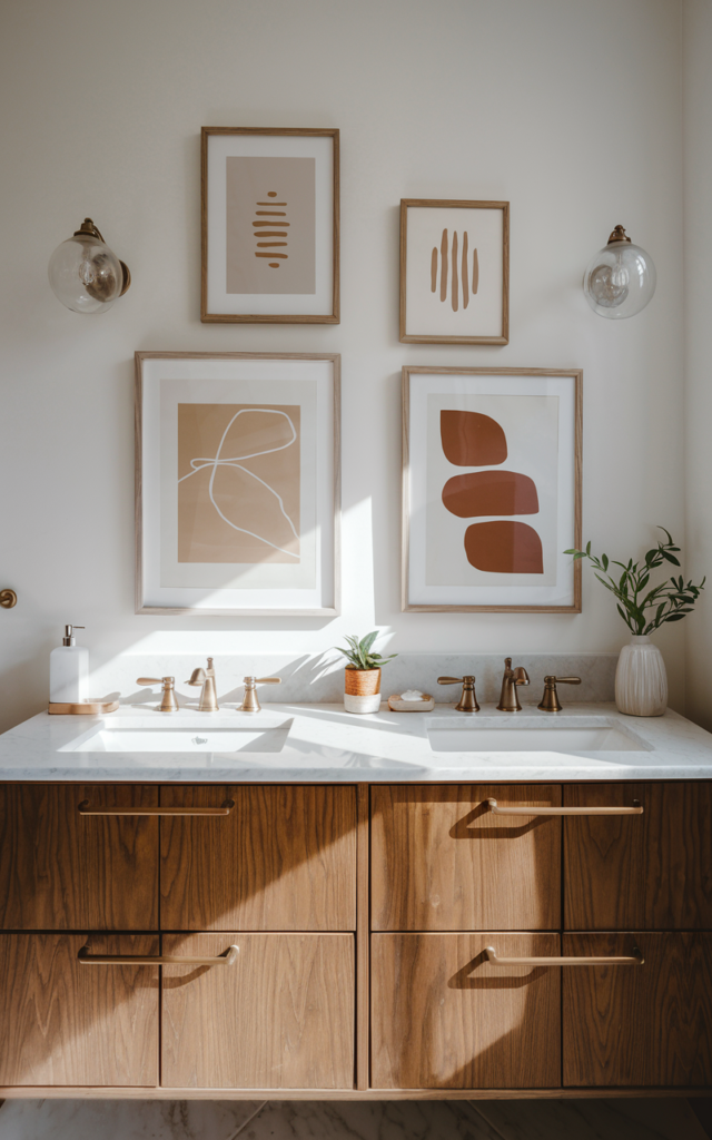 An elegant and natural-looking realistic photograph of a bathroom wall with minimal framed abstract art pieces in neutral tones above a clean vanity decorated in mid-century modern style with natural lighting