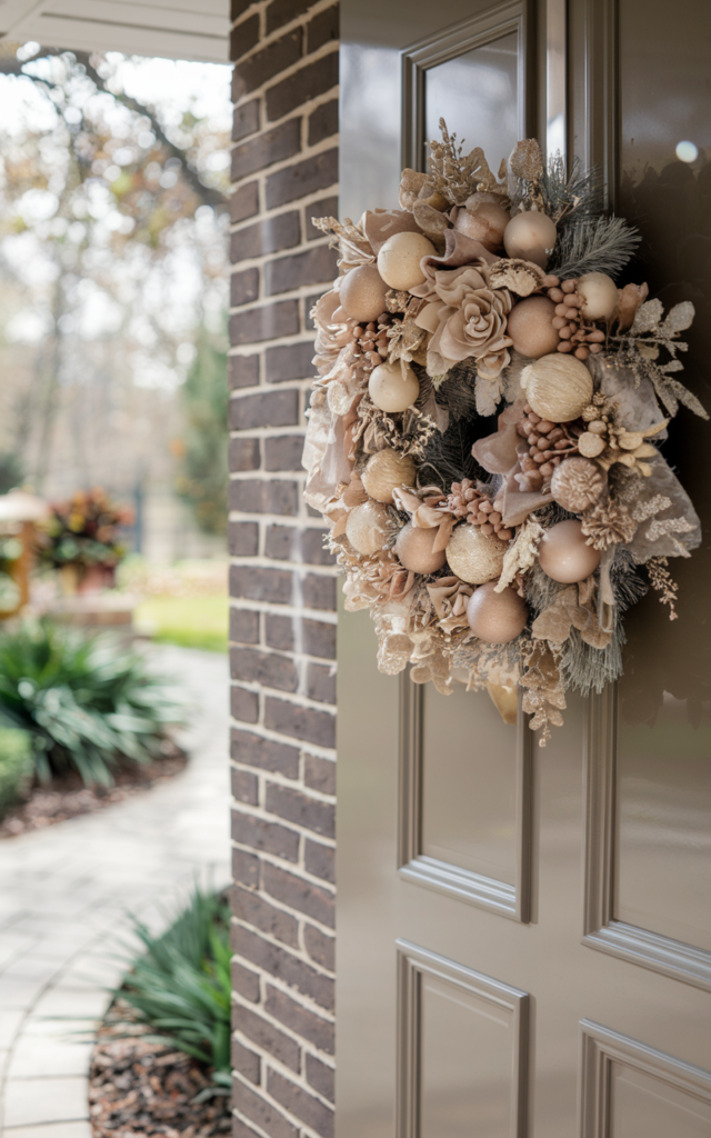An elegant and natural-looking realistic photograph of a front door displaying a wreath adorned with neutral toned ornaments in beige cream and soft gold creating a calm winter aesthetic decorated in contemporary neutral style with natural lighting