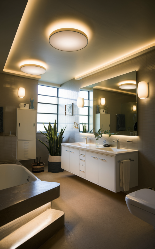 An elegant and natural-looking realistic photograph of a bathroom featuring layered lighting including ceiling lights, wall sconces, and soft accent lighting creating depth decorated in mid century modern style with natural lighting