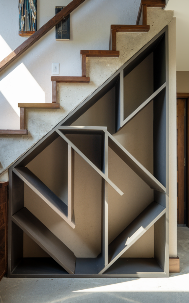 An elegant and natural-looking realistic photograph of an under-stair sculptural geometric storage feature with angled cubbies and mixed materials, decorated in modern architectural style with natural lighting