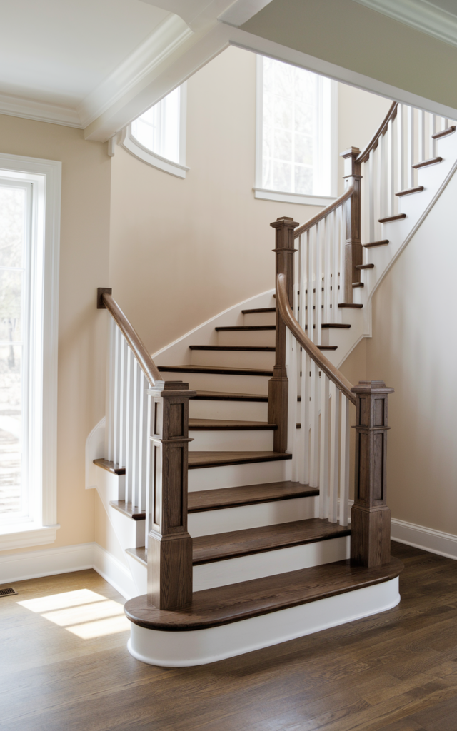 An elegant and natural-looking photograph of a staircase featuring dark walnut-stained railings contrasted against soft white walls and natural wood treads decorated in modern farmhouse style with natural lighting
