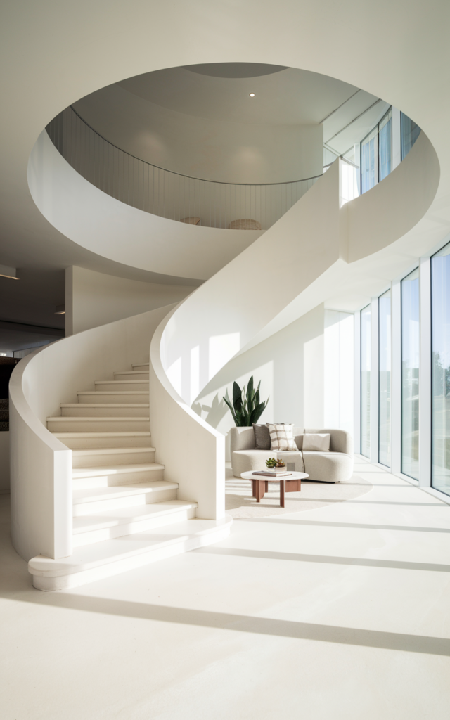 An elegant and natural-looking realistic photograph of a minimal all-white circular staircase with smooth white steps and railings forming a soft sculptural spiral in a bright airy living room decorated in modern minimalist interior style with natural lighting
