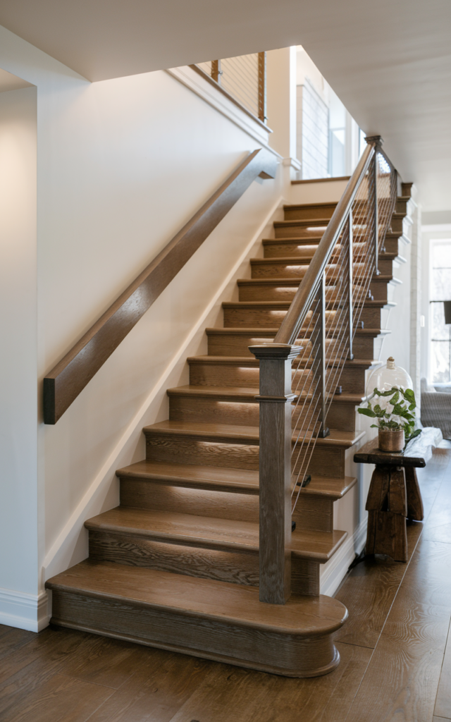 An elegant and natural-looking realistic photograph of a staircase with a thick wall-mounted wooden handrail featuring hidden storage compartments discreetly built inside beside modern wood steps decorated in smart contemporary home decor style with natural lighting