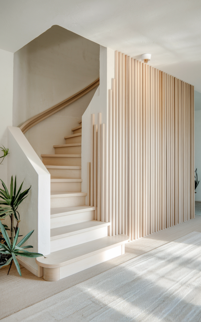 An elegant and natural-looking realistic photograph of a staircase wrapped with vertical natural wood slats along one side, light neutral walls and pale wood steps creating texture and warmth decorated in Scandinavian minimalist style with natural lighting