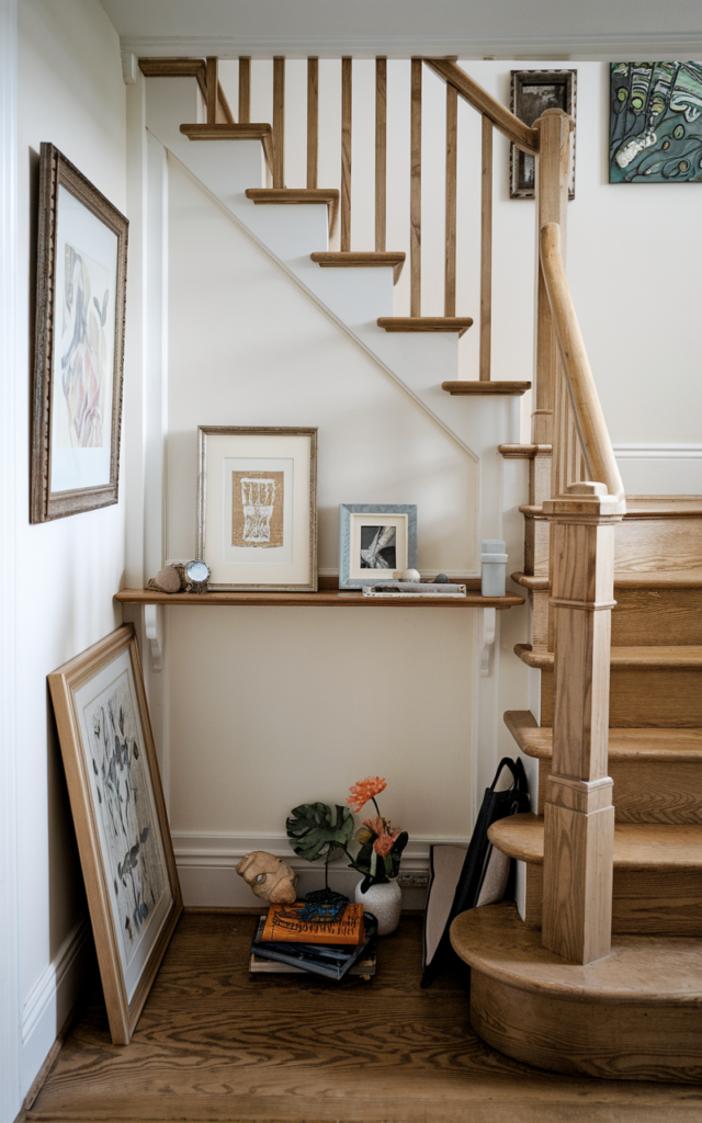 An elegant and natural-looking realistic photograph of a staircase wall featuring a picture ledge molding shelf displaying framed artwork leaning against the wall beside a wooden staircase decorated in casual contemporary home decor style with natural lighting