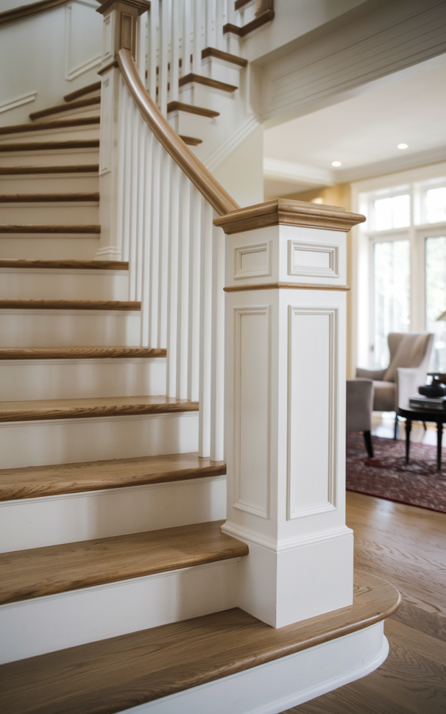 An elegant and natural-looking realistic photograph of an oak staircase with decorative trim molding added to each riser creating subtle architectural detailing and painted in soft white accents decorated in refined traditional style with natural lighting
