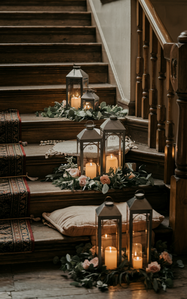 An elegant and natural-looking realistic photograph of the base of a staircase decorated with layered lantern clusters, greenery, and small flowers arranged around the bottom step decorated in cozy romantic wedding style with natural lighting