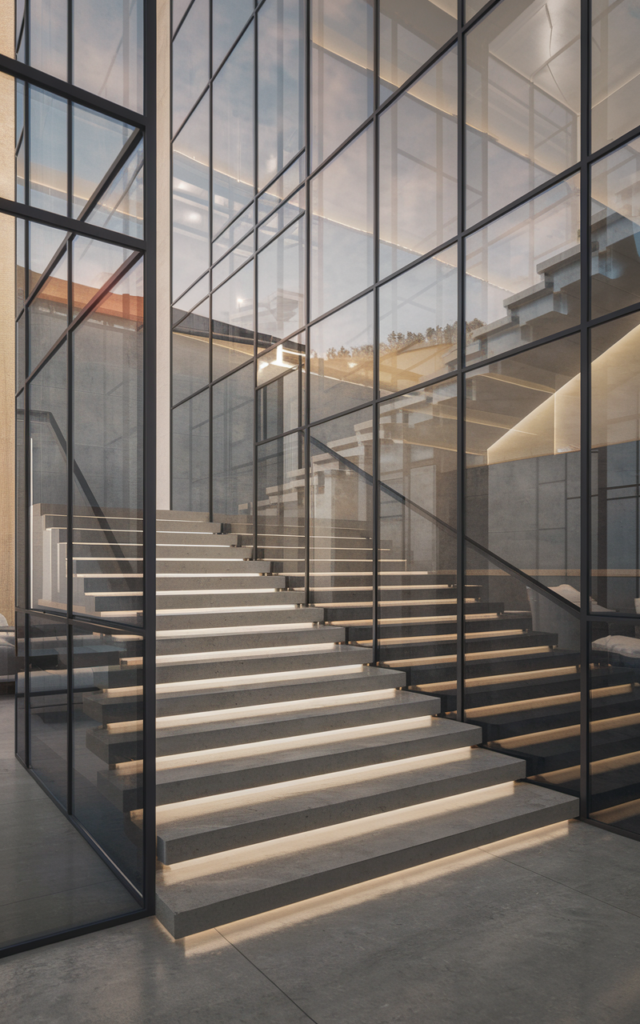 An elegant and natural-looking realistic photograph of a staircase fitted with tinted glass windows in soft gray tone, casting subtle mood lighting over sleek stairs and neutral interiors decorated in modern luxury style with natural lighting