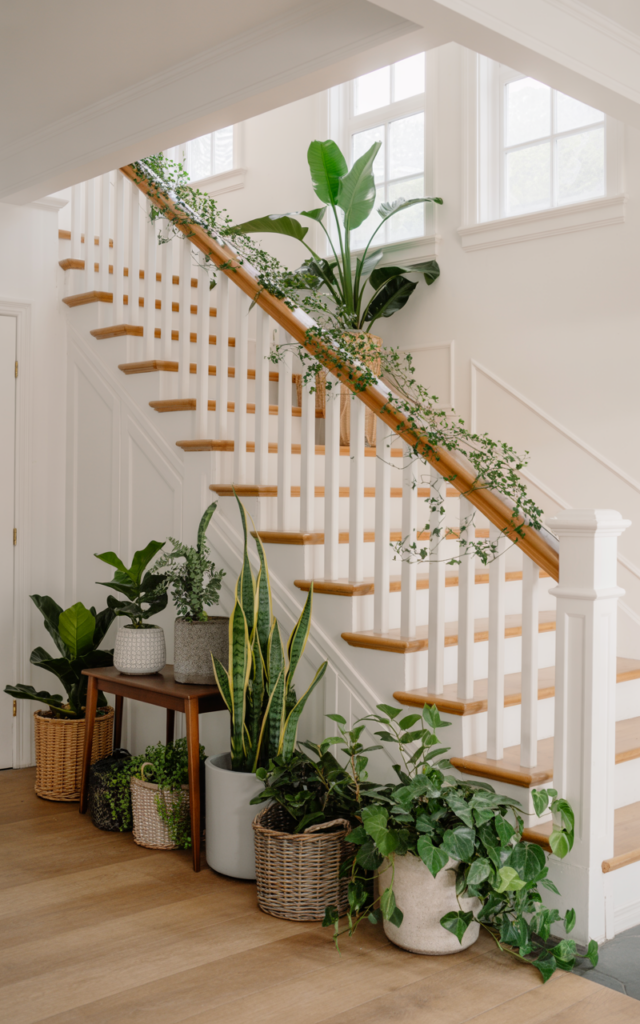 An elegant and natural-looking photograph of a staircase styled with layered greenery including potted plants at the base, trailing ivy along the railing, and a statement plant on the landing decorated in modern farmhouse style with natural lighting