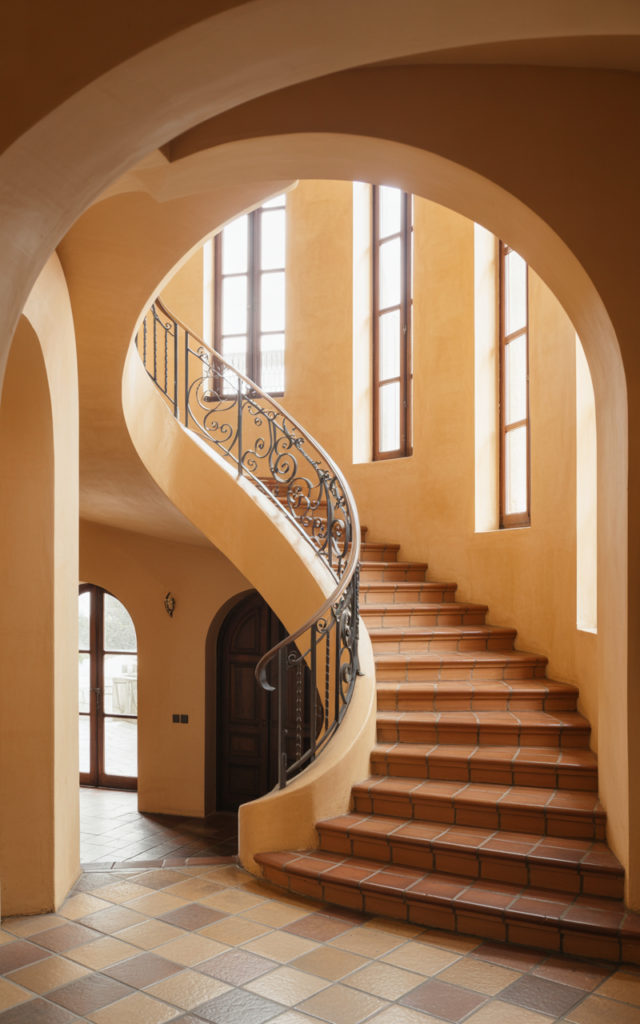 An elegant and natural-looking realistic photograph of a curved staircase foyer framed by arched doorways that echo the staircase curve creating architectural harmony decorated in Mediterranean-inspired style with natural lighting