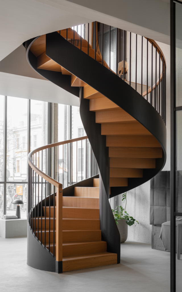 An elegant and natural-looking realistic photograph of a minimalist spiral staircase with slim black metal structure and simple wooden treads in a compact space decorated in modern urban style with natural lighting