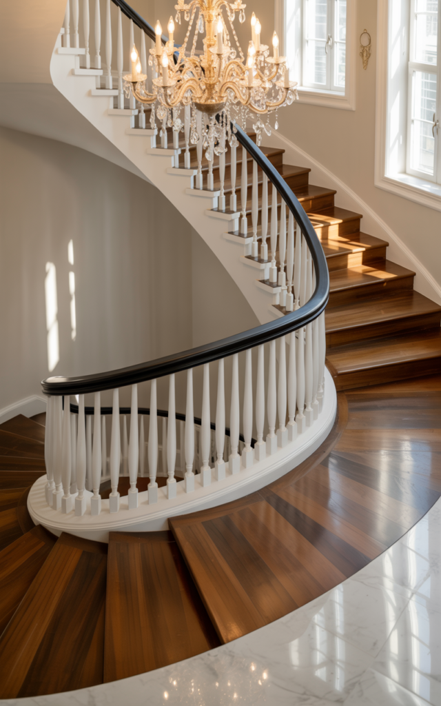 An elegant and natural-looking realistic photograph of a grand staircase illuminated by a statement chandelier hanging above, with dark wood treads and white balusters creating drama decorated in luxe modern classic style with natural lighting