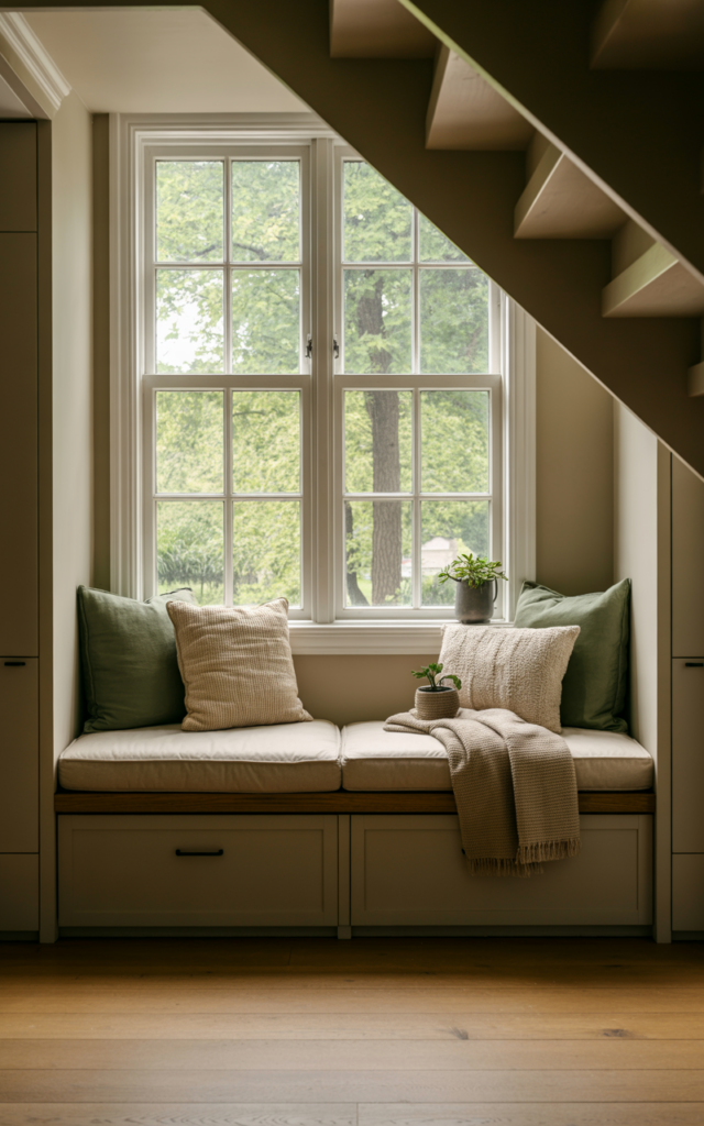 An elegant and natural-looking realistic photograph of a staircase landing featuring a built-in window seat nook beneath a tall window, with storage drawers and cozy cushions overlooking greenery decorated in cozy contemporary style with natural lighting