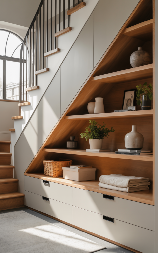 An elegant and natural-looking realistic photograph of an entryway utilizing under-stair space with built-in drawers and shelves for storage decorated in smart contemporary style with natural lighting