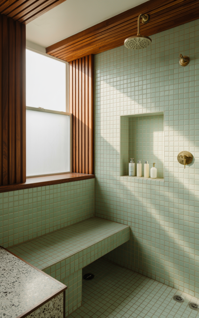 An elegant and natural-looking realistic photograph of a bathroom shower with a built-in tiled bench and cohesive design with matching niche tiles decorated in mid-century modern style with natural lighting