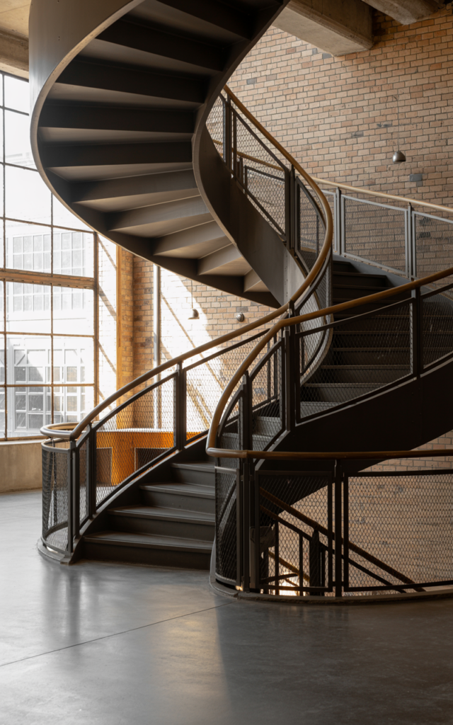 An elegant and natural-looking realistic photograph of a circular staircase featuring metal mesh railings paired with industrial wall lights and dark metal steps inside a stylish loft decorated in industrial urban interior style with natural lighting