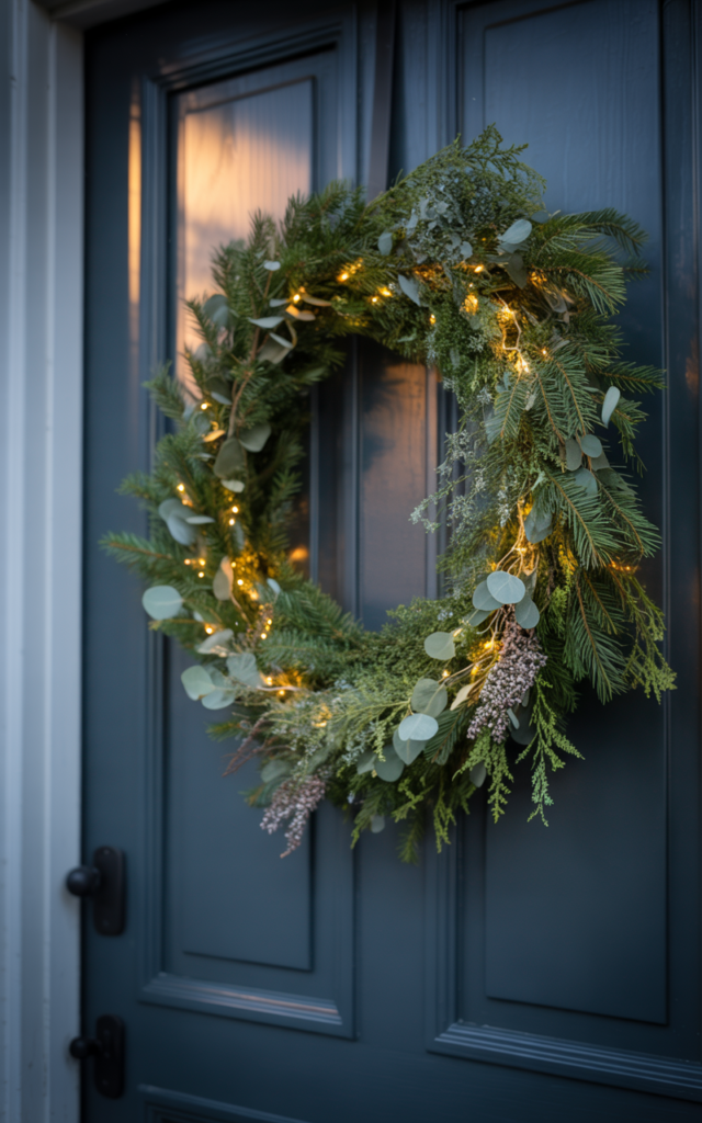 An elegant and natural-looking realistic photograph of a winter front door styled with a greenery wreath woven with soft warm white fairy lights creating a glowing evening ambiance decorated in cozy modern style with natural lighting