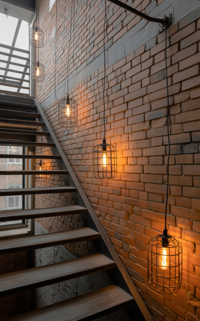 An elegant and natural-looking realistic photograph of an industrial staircase with exposed brick walls and vintage cage light fixtures mounted along the stair wall with glowing Edison bulbs, decorated in industrial loft interior style with natural lighting