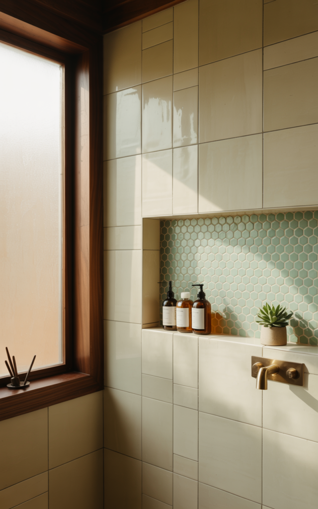 An elegant and natural-looking realistic photograph of a shower area with a built-in recessed niche tiled in a subtle contrasting pattern decorated in mid century modern style with natural lighting