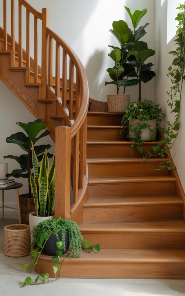 An elegant and natural-looking realistic photograph of an oak staircase styled with lush indoor plants including tall floor plants and trailing vines along the railing bringing freshness to the wood tones decorated in organic modern style with natural lighting