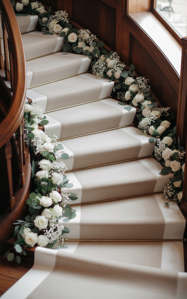 An elegant and natural-looking realistic photograph of a staircase with a soft ivory carpet runner leading up the steps accompanied by small floral clusters along the sides decorated in timeless classic wedding style with natural lighting