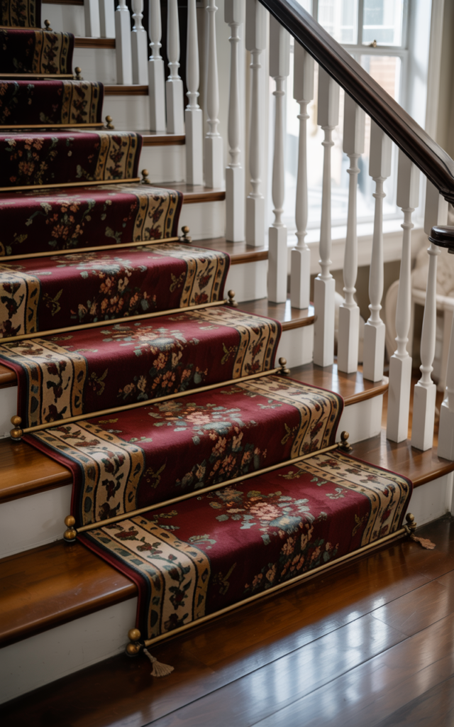 An elegant and natural-looking realistic photograph of a staircase runner secured with decorative brass carpet tacks lining the edges over polished wood steps and white spindles decorated in traditional Victorian style with natural lighting