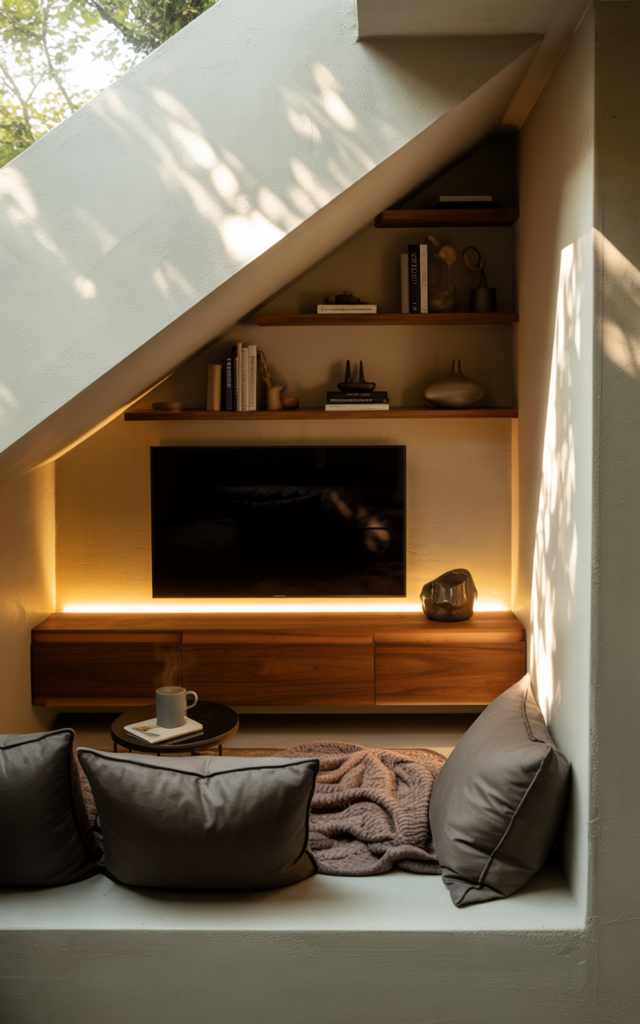 An elegant and natural-looking realistic photograph of an under-stair mini home theater nook with a wall-mounted TV, slim media console and soft LED backlighting, decorated in modern cozy style with natural lighting