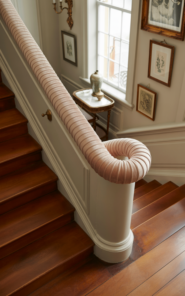 An elegant and natural-looking realistic photograph of a staircase with a softly padded upholstered fabric handrail wrapped in neutral velvet along a classic stair wall beside elegant wooden stairs decorated in vintage inspired home decor style with natural lighting