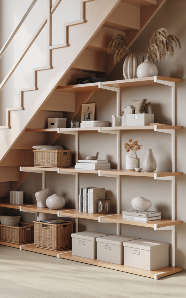 An elegant and natural-looking realistic photograph of adjustable modular shelving installed beneath a staircase with movable shelves holding storage boxes, decor items, and household essentials within a flexible storage system decorated in minimalist Scandinavian organization decor style with natural lighting