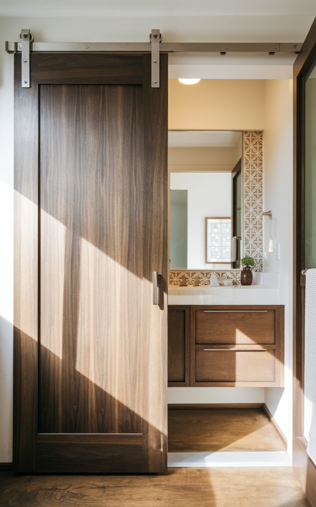 An elegant and natural-looking realistic photograph of a bathroom entrance with a sleek sliding wooden door with minimal design and smooth finish decorated in mid-century modern style with natural lighting
