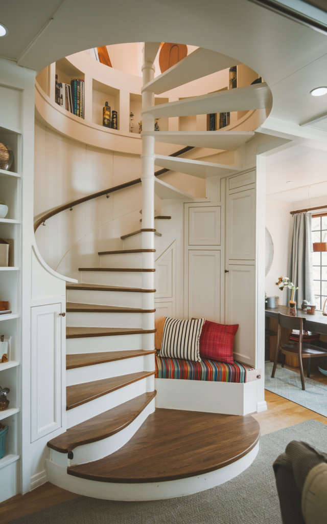 An elegant and natural-looking realistic photograph of a circular staircase with built-in cabinets and cozy seating nook beneath the spiral utilizing the space efficiently inside a compact home decorated in practical modern interior style with natural lighting