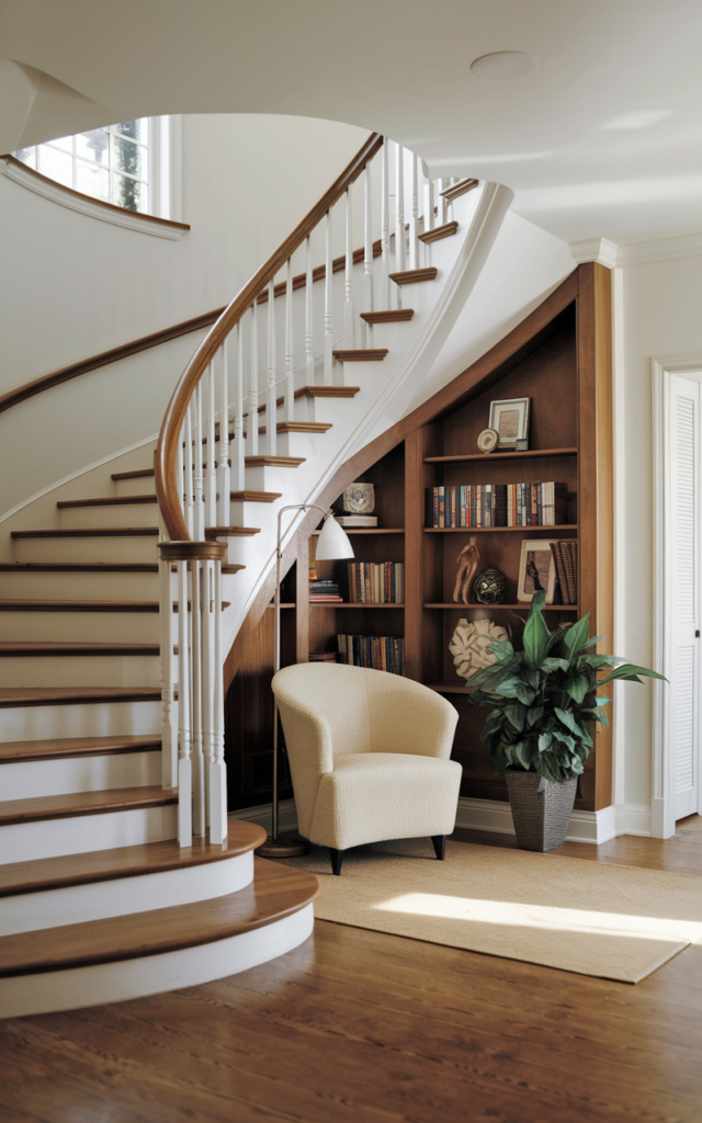 An elegant and natural-looking realistic photograph of a curved staircase foyer with a cozy reading nook tucked beneath the curve including a curved-back chair, floor lamp, and small bookshelf decorated in warm contemporary style with natural lighting