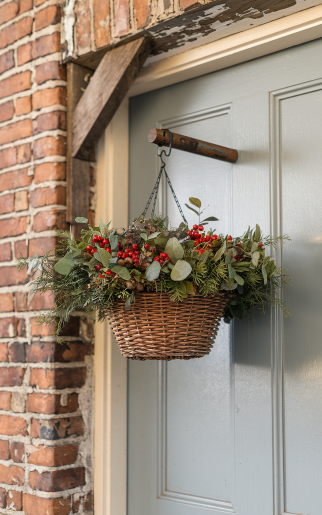 An elegant and natural-looking realistic photograph of a front door featuring a hanging basket filled with winter greenery and berries as an alternative to a wreath decorated in farmhouse seasonal style with natural lighting