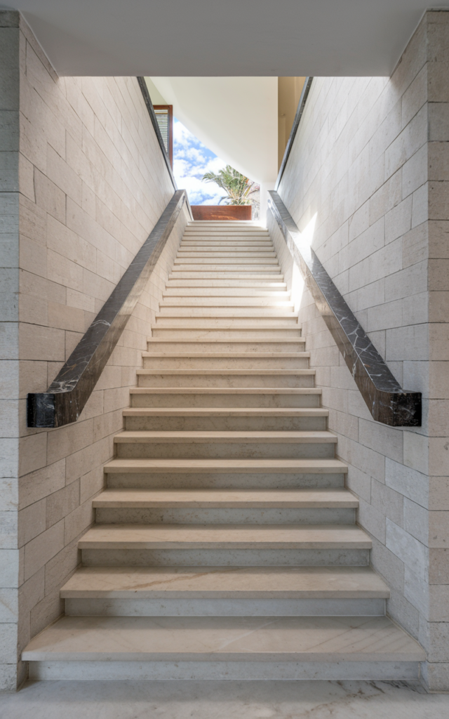 An elegant and natural-looking realistic photograph of a grand staircase with an integrated marble handrail built into a stone stair wall beside wide marble steps decorated in contemporary luxury villa home decor style with natural lighting