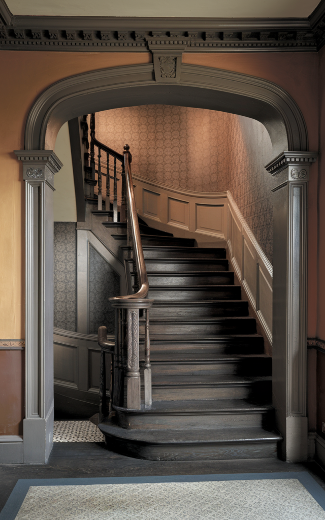 An elegant and natural-looking realistic photograph of a staircase framed by a dramatic arched entryway with detailed trim, dark wood steps and decorative banister creating architectural interest decorated in historic Victorian style with natural lighting
