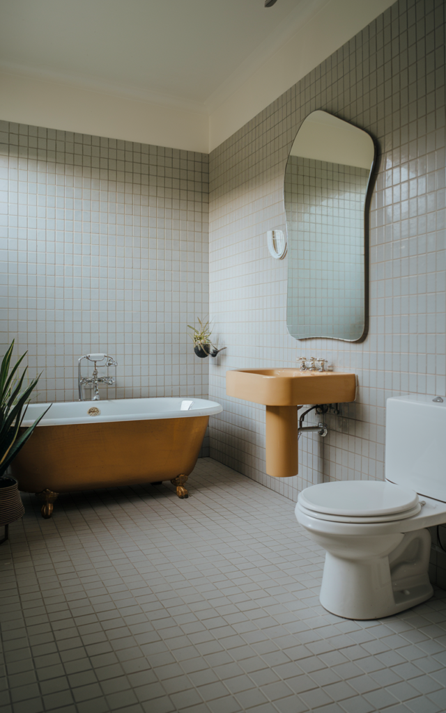 An elegant and natural-looking realistic photograph of a bathroom with large format tiles creating a seamless clean look across floors and walls decorated in mid century modern style with natural lighting