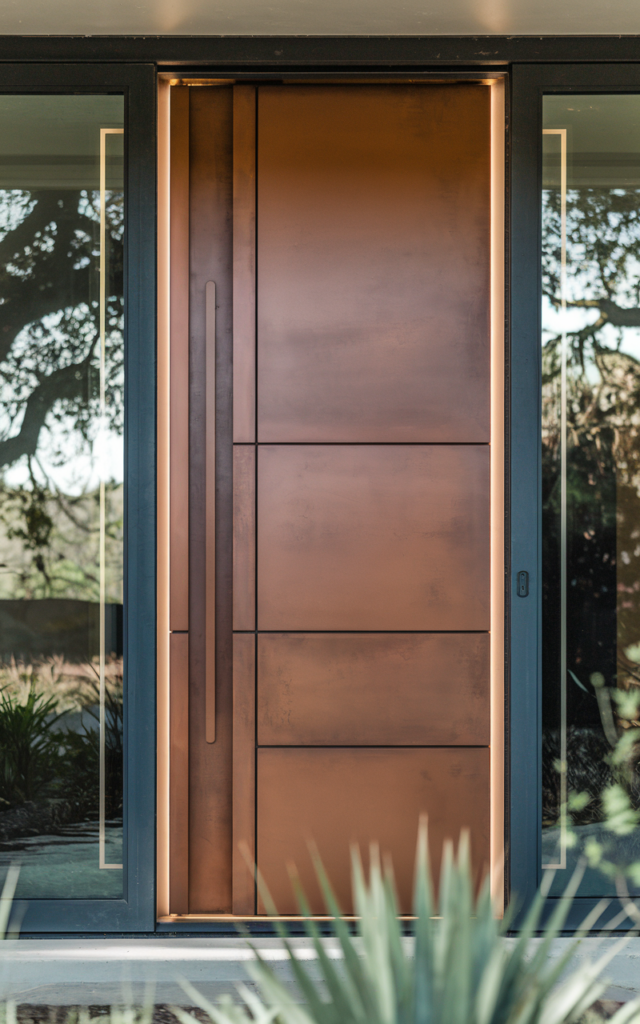 An elegant and natural-looking realistic photograph of a stylish main entrance door with bold matte finish, unique panel detailing, and subtle lighting decorated in modern exterior style with natural lighting