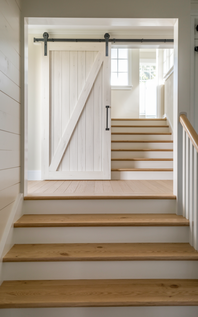 An elegant and natural-looking photograph of a staircase landing accented with a simple sliding barn door in soft white wood and sleek black hardware, paired with oak steps decorated in modern farmhouse style with natural lighting