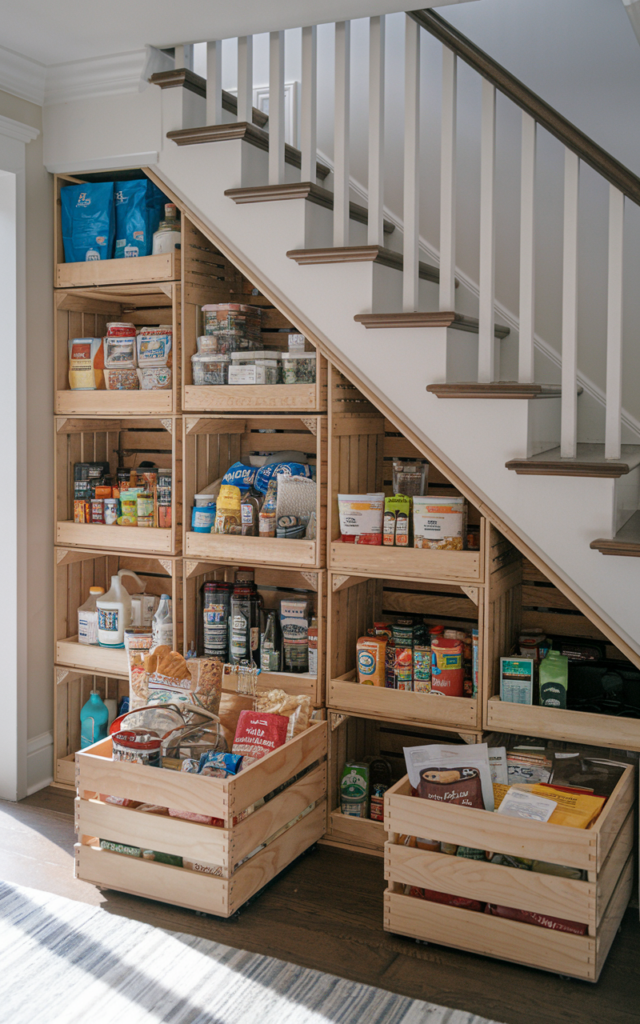 An elegant and natural-looking realistic photograph of large sliding storage crates under a staircase used for bulk groceries and pantry overflow with wooden crate drawers rolling out from the stair base decorated in rustic modern farmhouse storage decor style with natural lighting