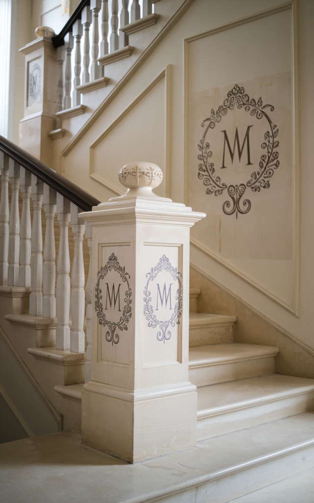 An elegant and natural-looking realistic photograph of a staircase featuring decorative monogram signs with the couple’s initials mounted on the railing posts and staircase wall decorated in personalized elegant wedding style with natural lighting