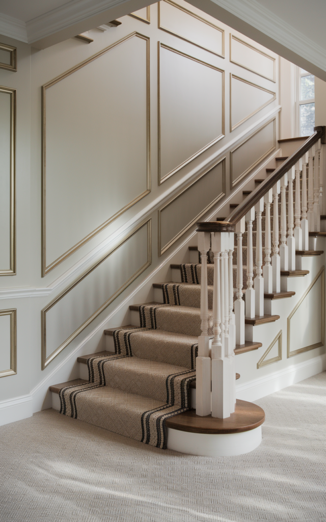 An elegant and natural-looking realistic photograph of a staircase wall with decorative molding panels accented with subtle brushed brass metallic trim beside a staircase with elegant railing decorated in glam contemporary home decor style with natural lighting