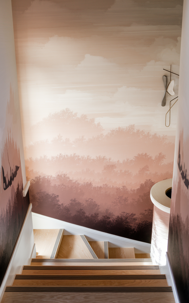 An elegant and natural-looking realistic photograph of a staircase wall painted with a soft neutral ombre mural fading upward above light wood steps and minimal decor decorated in artistic contemporary style with natural lighting