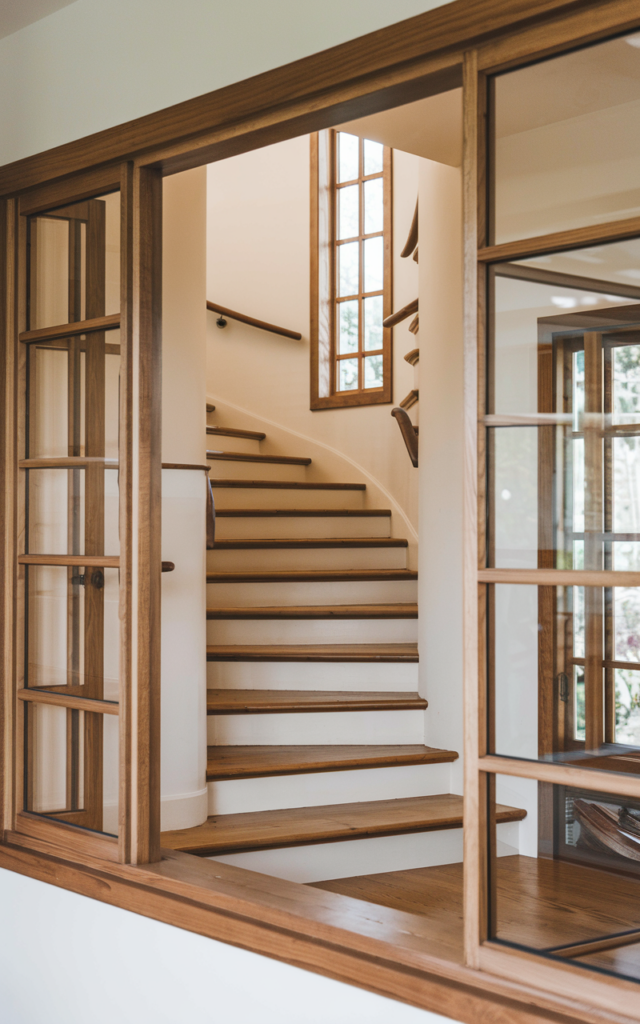 An elegant and natural-looking realistic photograph of a staircase framed by warm wooden window frames in oak or walnut, complementing wooden treads and neutral walls decorated in organic modern style with natural lighting