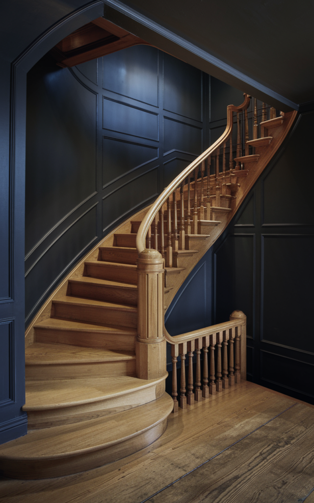 An elegant and natural-looking realistic photograph of an oak staircase set against deep charcoal painted walls creating a moody and dramatic backdrop that enhances the warmth of the wood decorated in sophisticated contemporary style with natural lighting